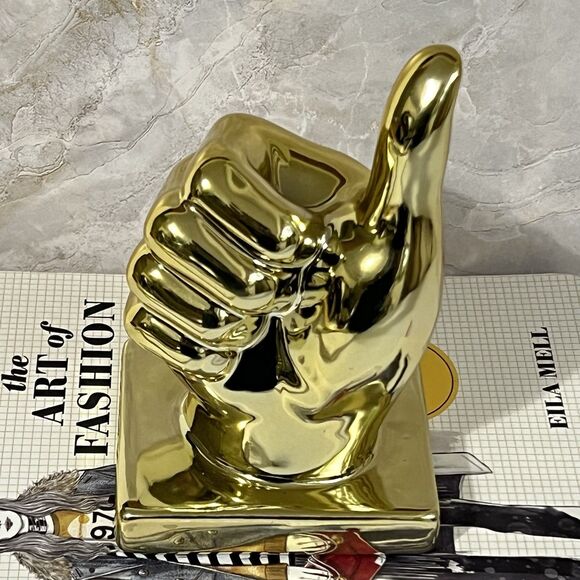 Ceramic Thumbs Up Sign Hand Sculpture Figurine Metallic Gold Tone Figural Decor - Picture 4 of 15